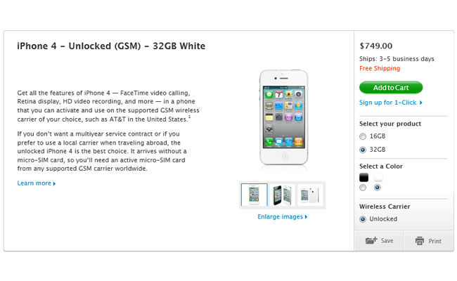 Buy Unlock iPhone 4 in US at $649